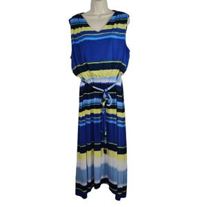 Chicos Blue Green Stripe Sleeveless Belted Maxi Dress Women Size 4 Size 2XL 20
